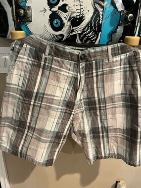 Billabong Men’s Plaid Shorts in Brown, Cream & Blue